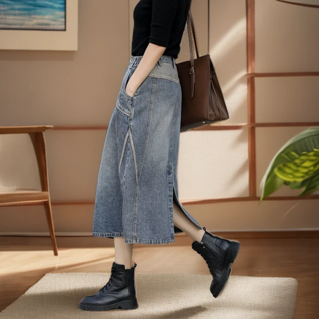 欧货大码百搭开叉休闲中长款牛仔半身裙女春夏高腰显瘦做旧A字裙
