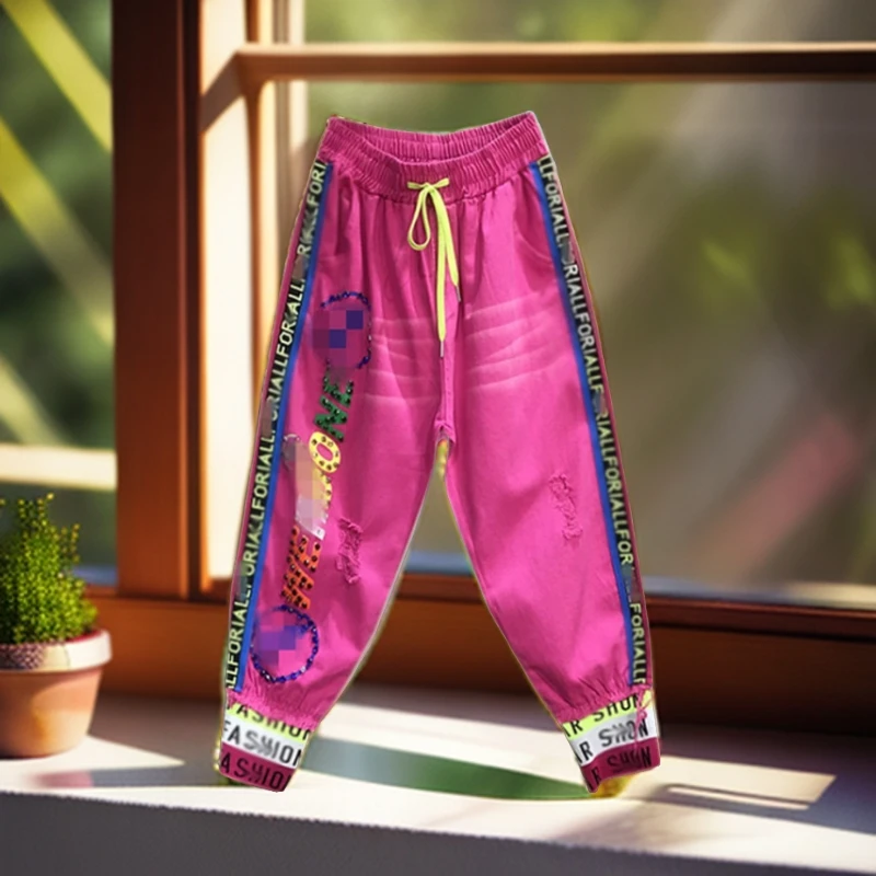 2025春夏新款松紧腰宽松小个子玫红色牛仔裤女百搭字母印花九分裤