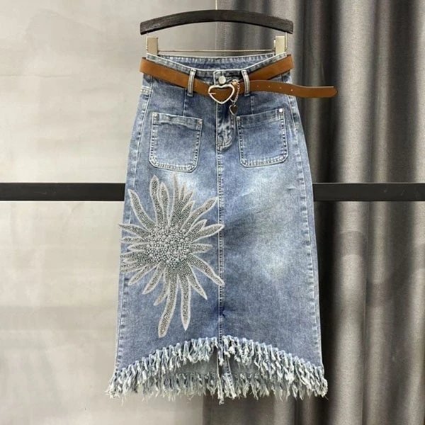 重工镶钻花朵刺绣流苏牛仔半身裙女士春季高腰弹力显瘦中长包臀裙