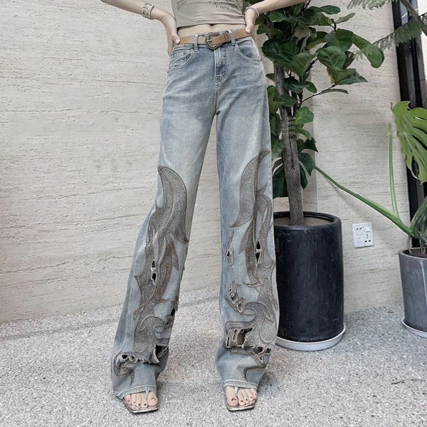 原创定制欧货重工刺绣烫钻高腰显瘦牛仔裤女夏季复古阔腿拖地长裤