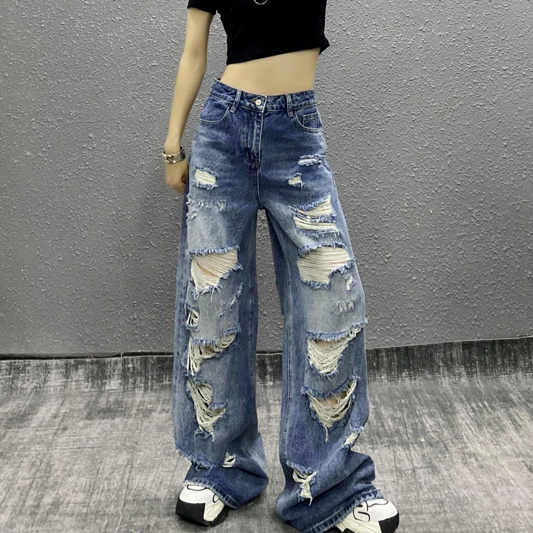 潮牌破洞水洗休闲牛仔裤女夏新款洋气高腰宽松显瘦百搭直筒阔腿裤
