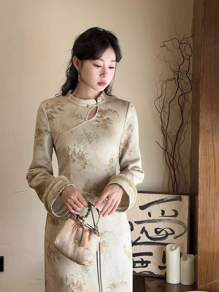 EIA一尧【故山秋】新中式国风禅意气质改良版旗袍连衣裙麂皮绒长裙