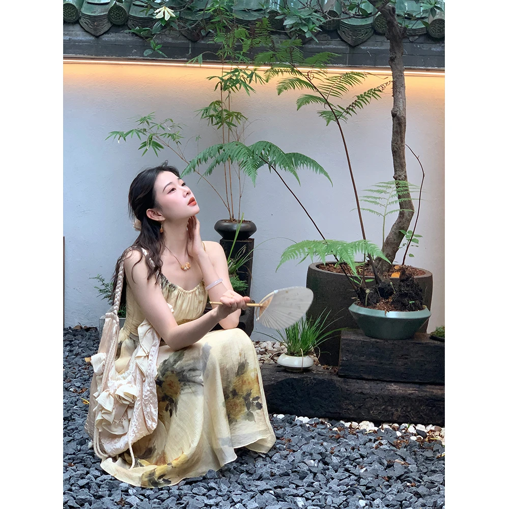 EIA一尧【一枕清风】新中式国风水墨画吊带连衣裙温婉气质设计感