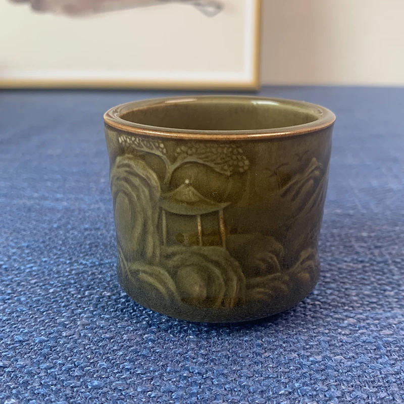 杨盛龙 龙窑柴烧青瓷 纯手工 满工山水扳指杯