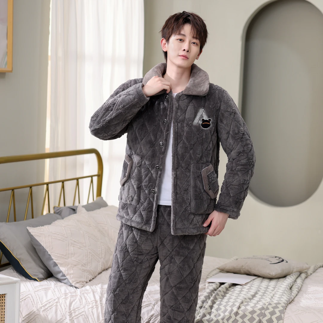 冬季新款8812高货男款睡衣大版加绒加厚三层夹棉家居服套装可外穿