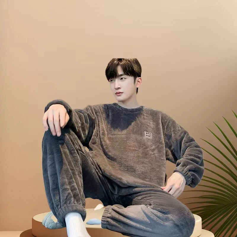男款套头珊瑚绒圆领加厚家居裤居家冬季情侣秋冬宽松潮流男士