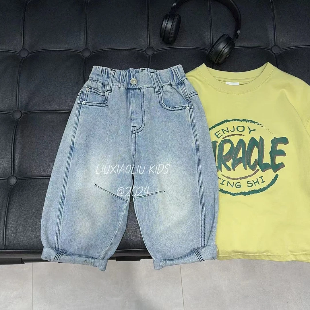 高货版本-韩版中童时尚后刺绣线条七分牛仔裤5473