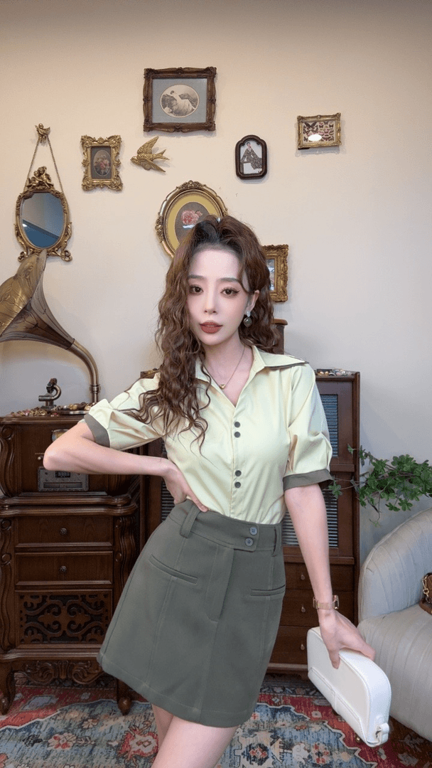 【十一港风】复古显瘦收腰撞色短袖衬衫Y3444