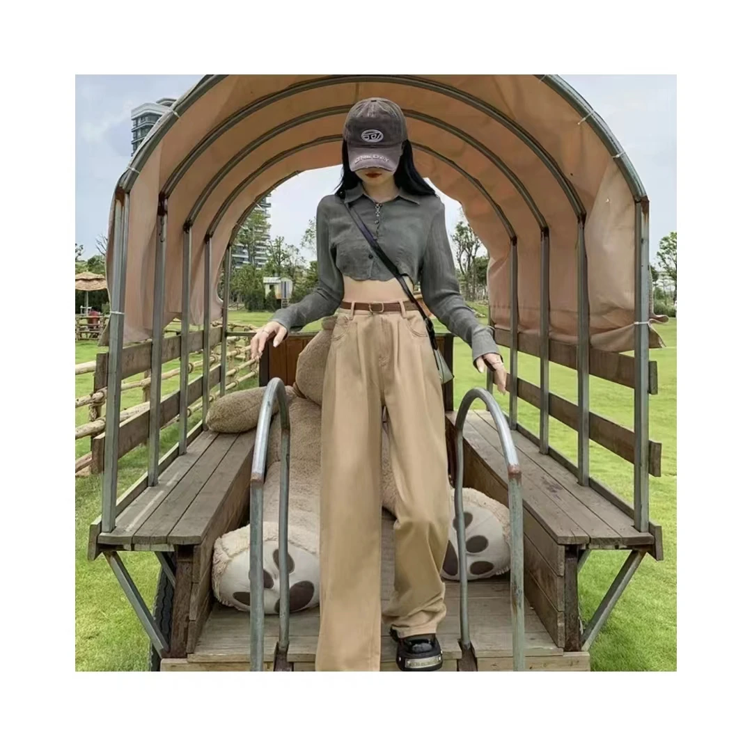 春夏新款时尚高定双色休闲弹力高腰百搭宽松原布褶皱牛仔裤显瘦