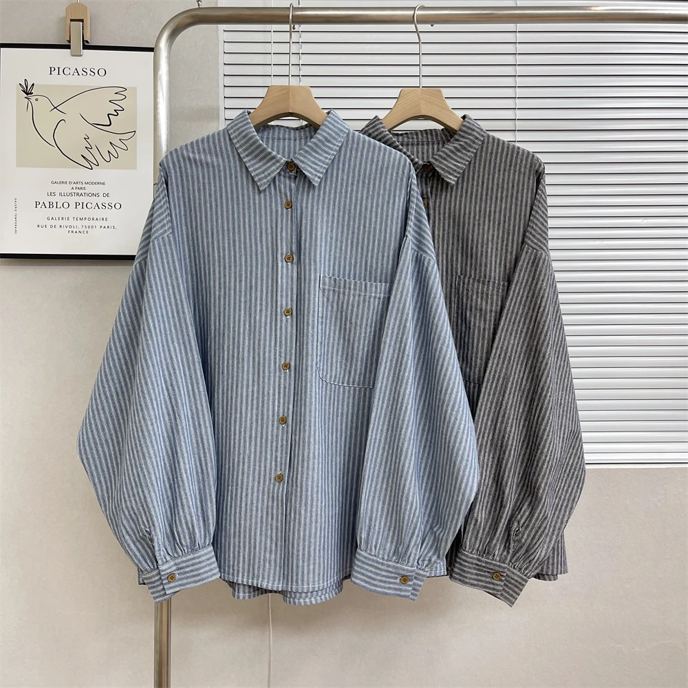 翻领长袖竖条衬衫女宽松大版休闲百搭显瘦春秋条纹日系衬衣上衣