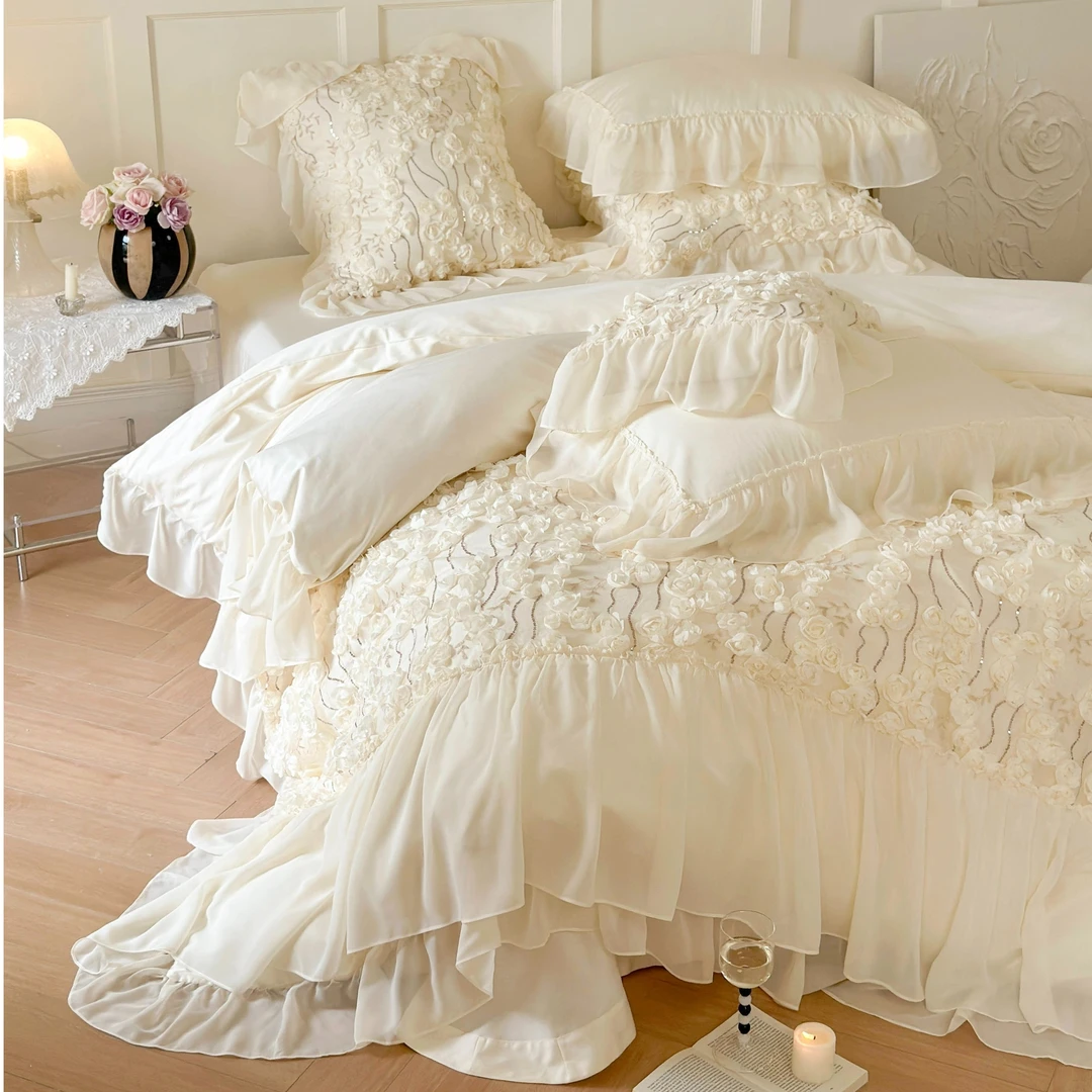 孔龙玫瑰假日高端轻奢法式公主风蕾丝玫瑰新疆长绒棉纯色四件套