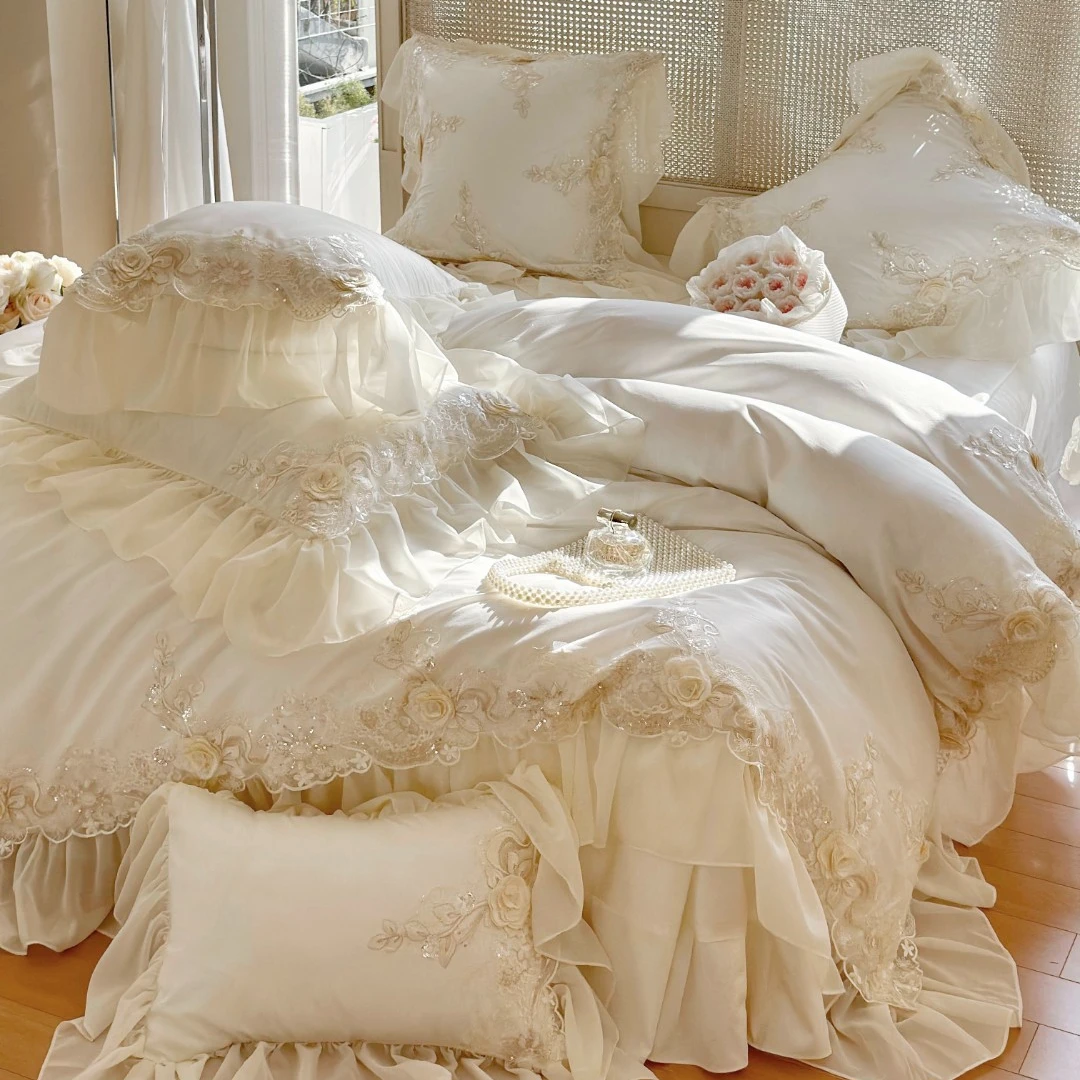 孔龙 落日甜茶 法式公主风高端澳棉浮雕立体花蕾丝柔软纯棉四件套