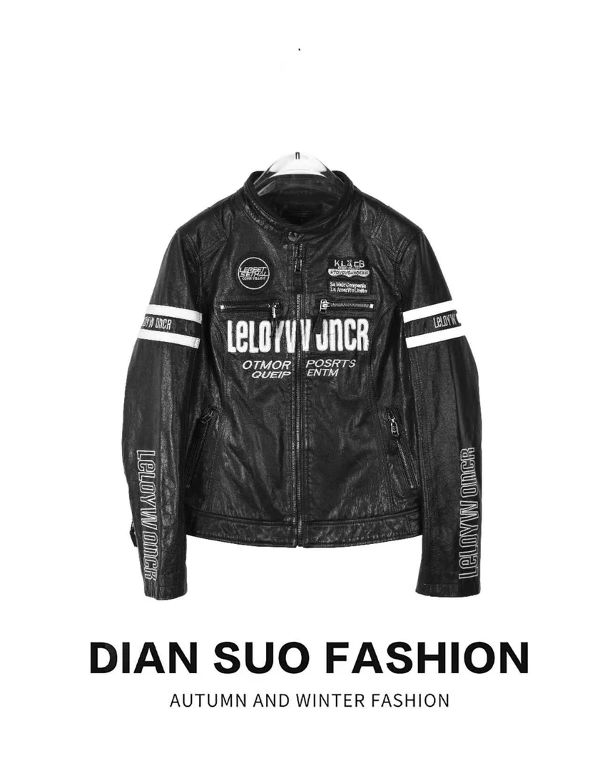 「点索DIANSUO」2024小牛皮重工机车服黑色女外套-33128