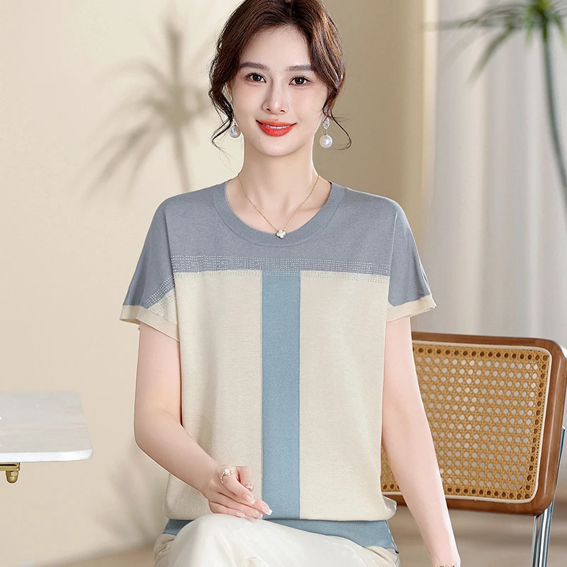 时尚中年女士夏装新款短袖拼色上衣妈妈夏季薄款针织冰丝减龄打底