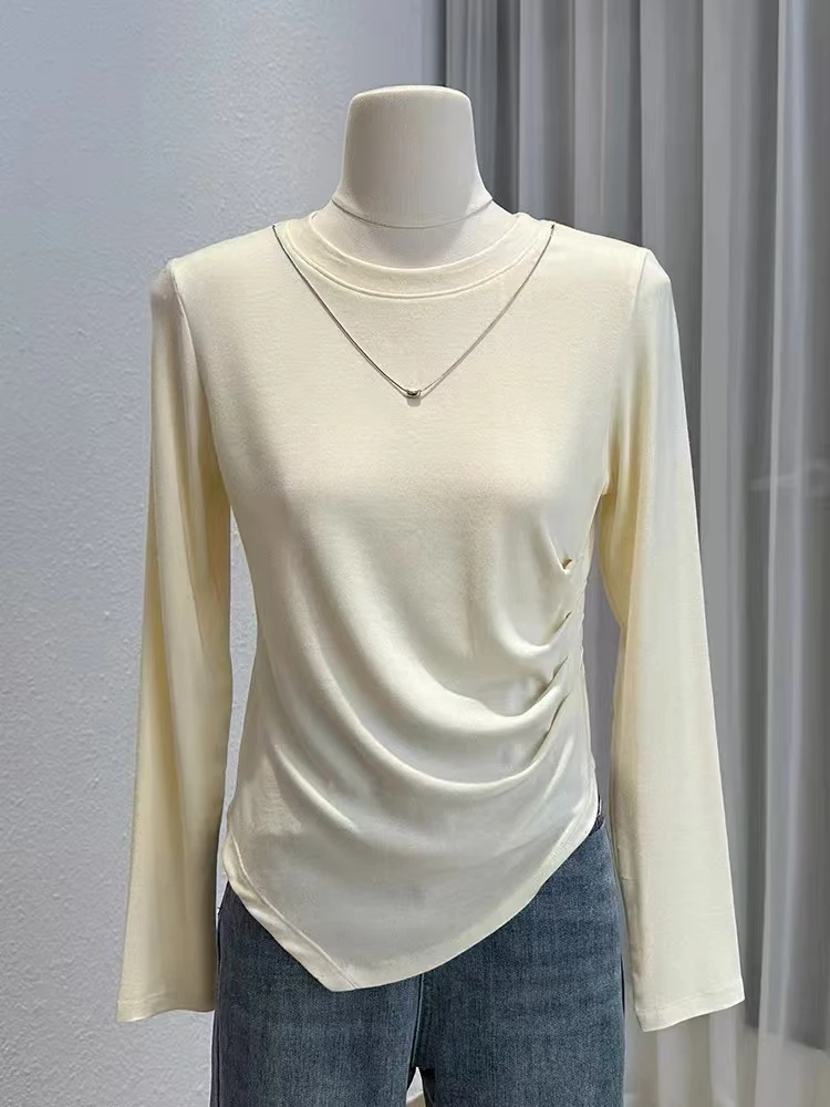 【可穿140】胖mm显瘦洋气带链条独特褶皱打底上衣