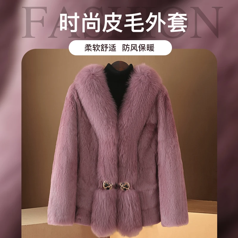 [小蛮腰]狐狸毛大门襟兔毛一体外套中长款妈妈女装保暖气质冬季