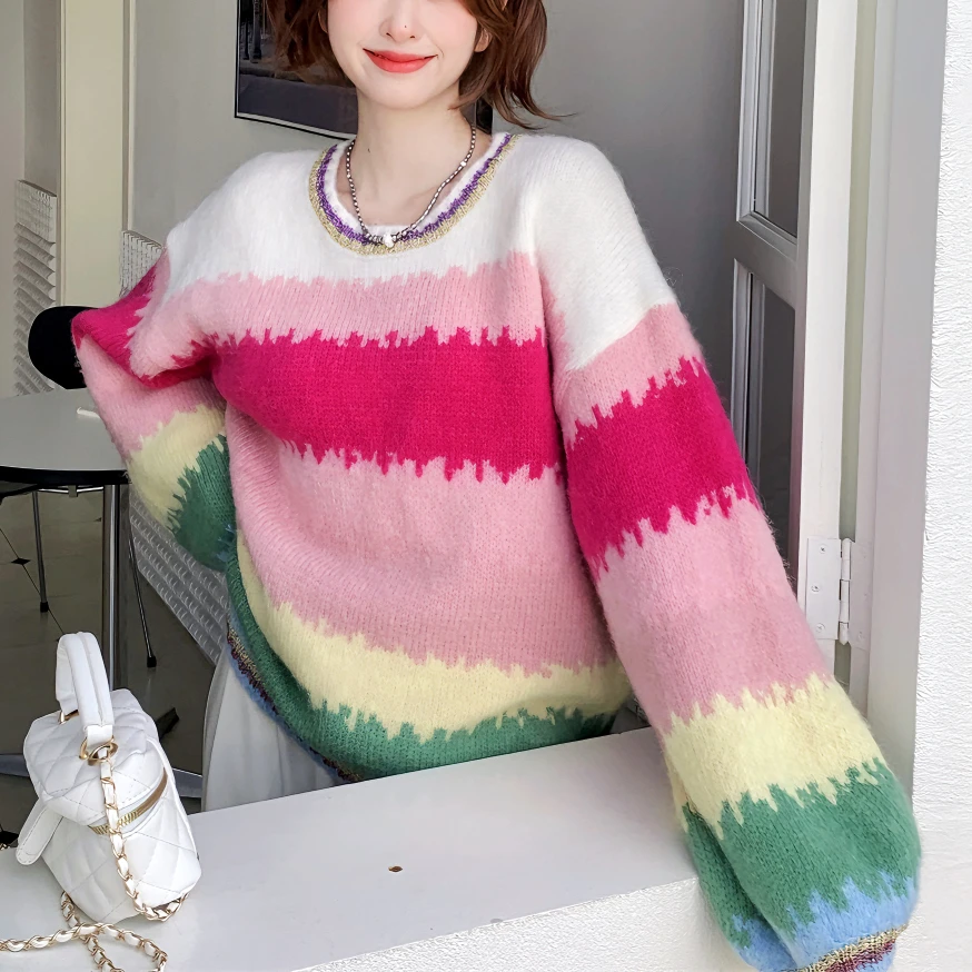 韩版时尚显瘦套头彩虹ntot条纹针织毛衣女秋冬季新款慵懒风百搭上