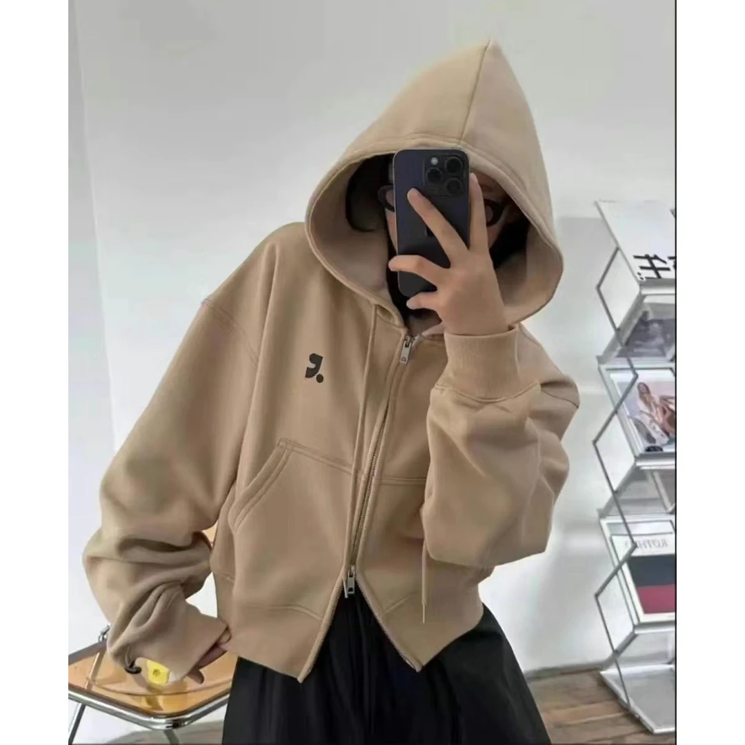 双拉链运动系简洁字母印花连帽卫衣外套宽松休闲百搭长袖上衣女潮