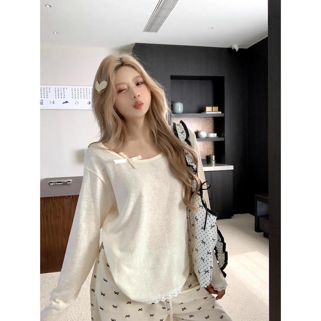 蝴蝶结蕾丝拼接T恤女秋季罩衫宽松打底长袖上衣设计感显瘦气质