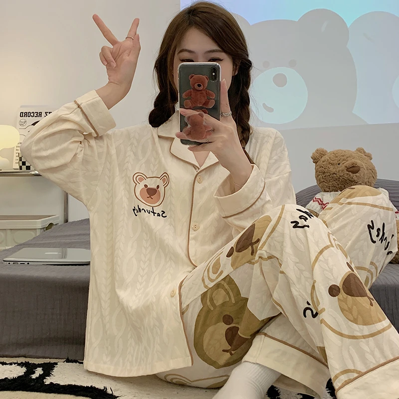 MIIOW/猫人甜美简约开衫女士春秋季长袖长裤套装宽松时尚休闲