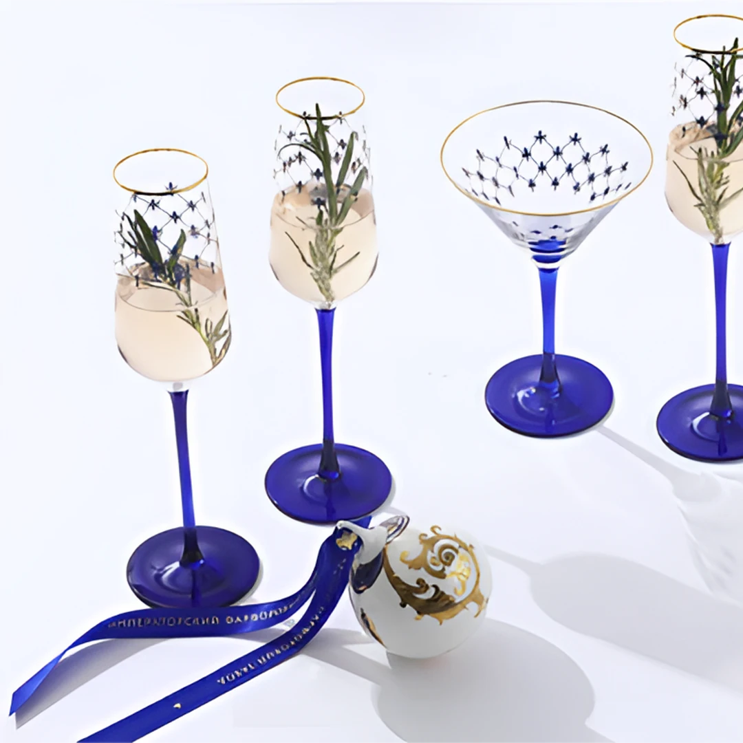 Lomonosov俄罗斯钴蓝网纹香槟杯描金红酒高脚对杯婚礼婚庆礼盒礼