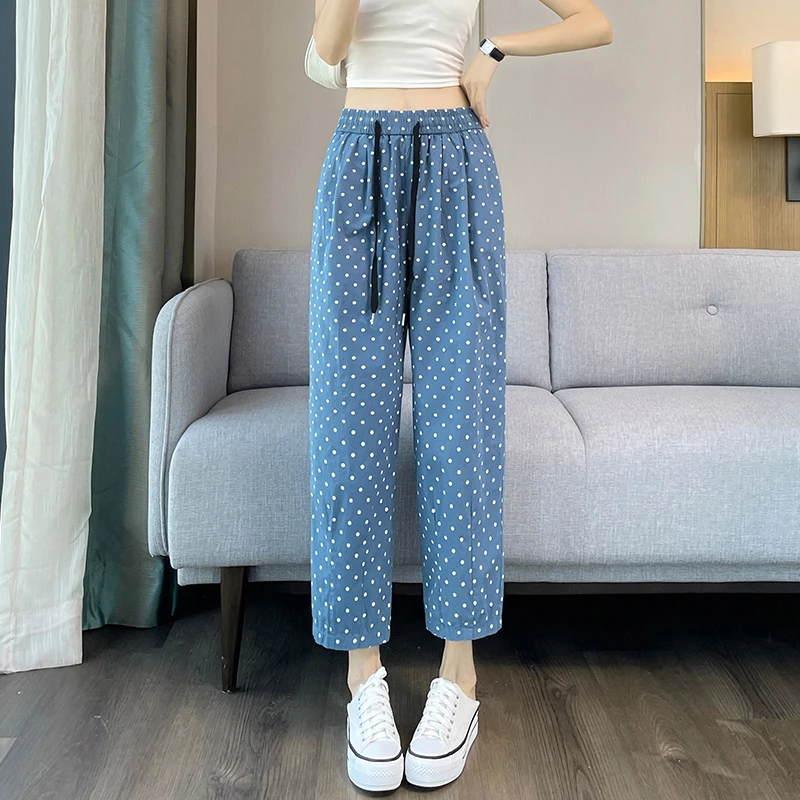 蓝色波点阔腿裤女春夏季薄款高腰宽松显瘦休闲九分窄版直筒凉凉裤