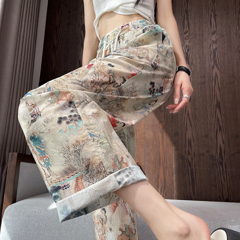 国风九分直筒裤女夏季薄款2025新款高腰显瘦宽松休闲阔腿裤凉凉裤