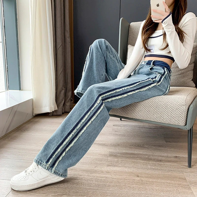 复古蓝窄版阔腿牛仔裤女春秋2025新款高腰直筒显瘦毛边宽松拖地裤