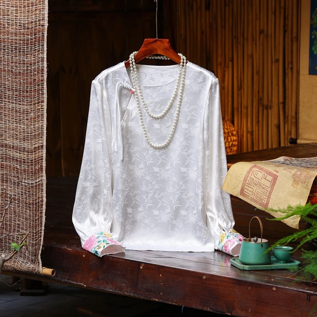 九尾狐复古清新刺绣梅兰竹菊提花简约百搭单品上衣F13725170