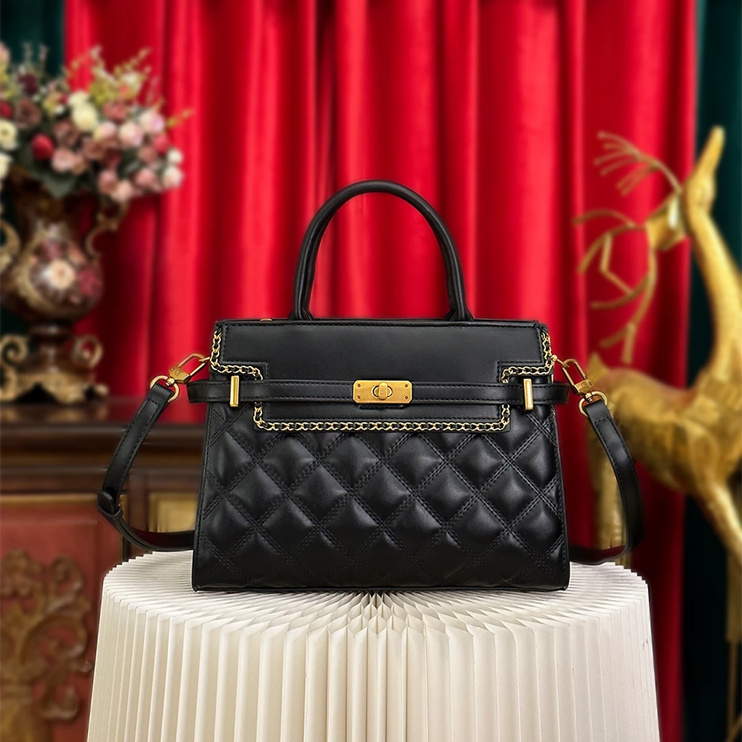 【小颜定制】新款高级感大气菱格手提包斜挎单肩品牌女士包8082黑色