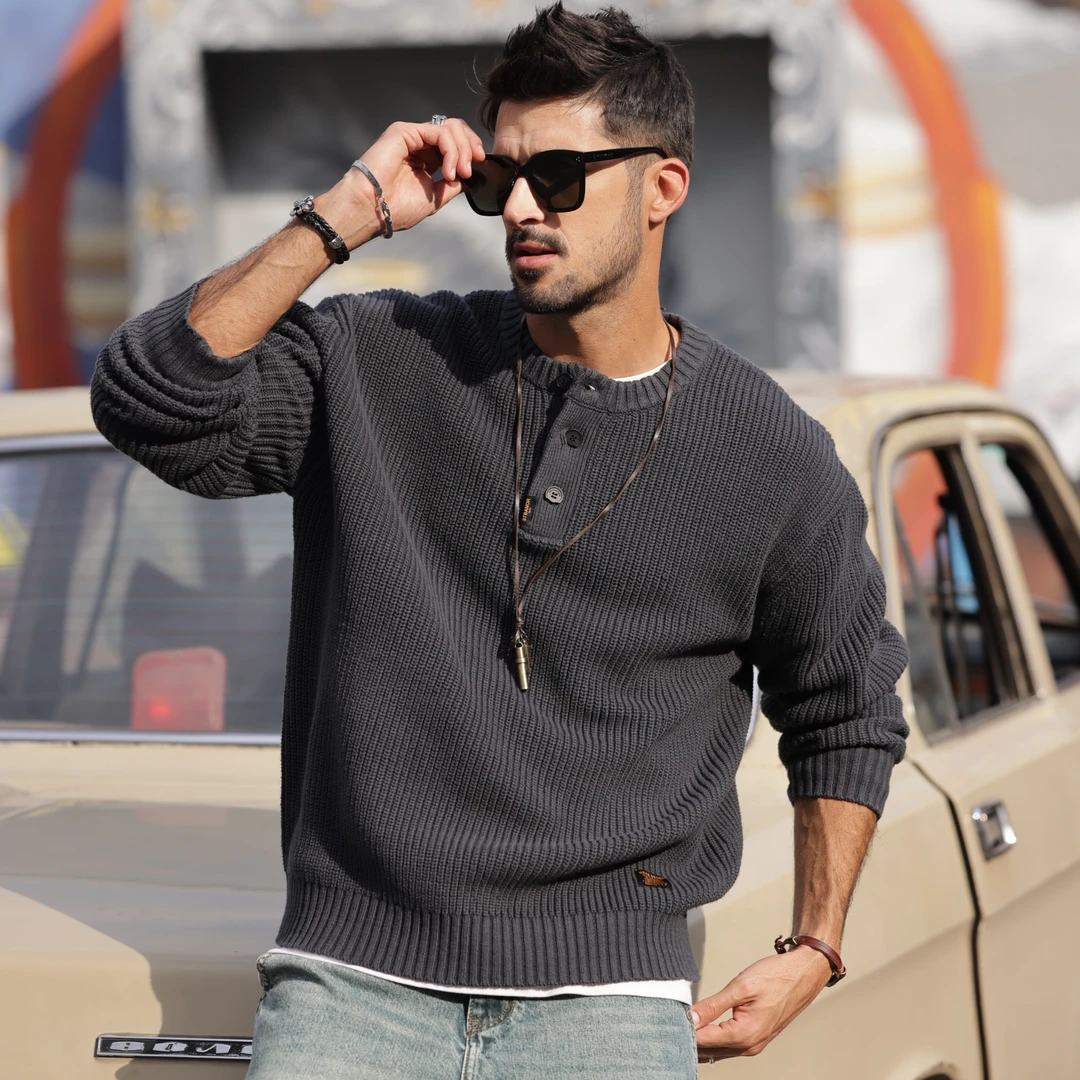 赤单M8903男士百搭休闲美式菠萝纹粗针毛衣重磅复古圆领针织衫