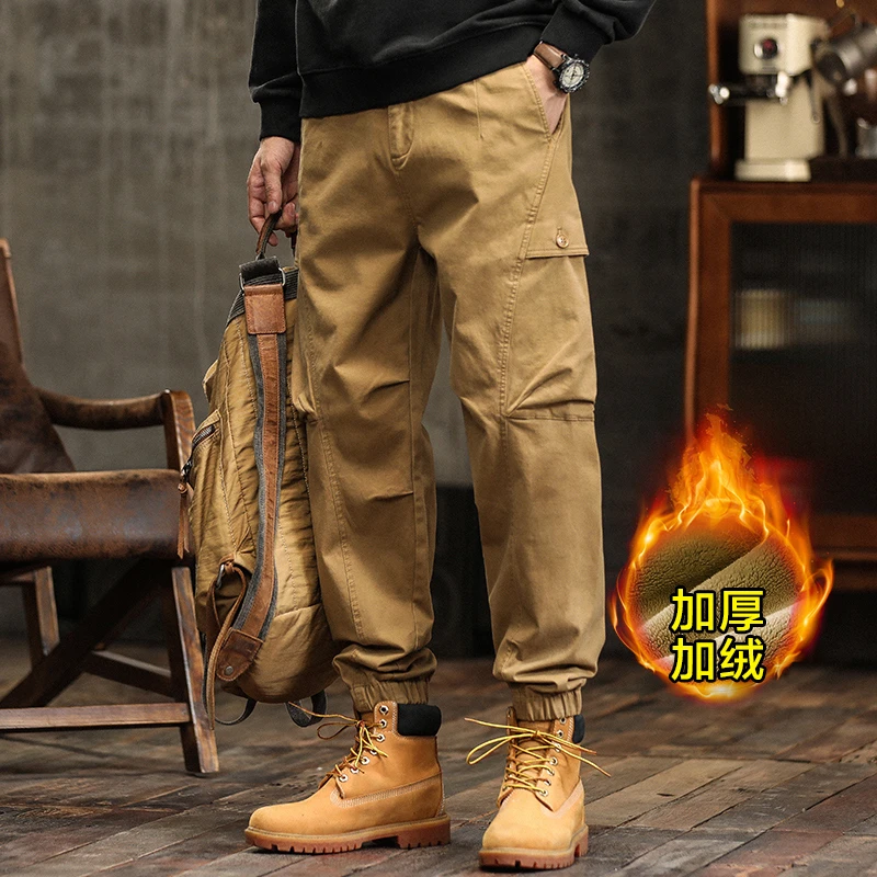 303美式加绒工装裤潮流男宽松束脚裤水洗做旧多口袋工装长裤