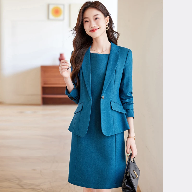 职业装西装连衣裙套装春秋时尚蓝色休闲名媛大码显瘦职业西服套装