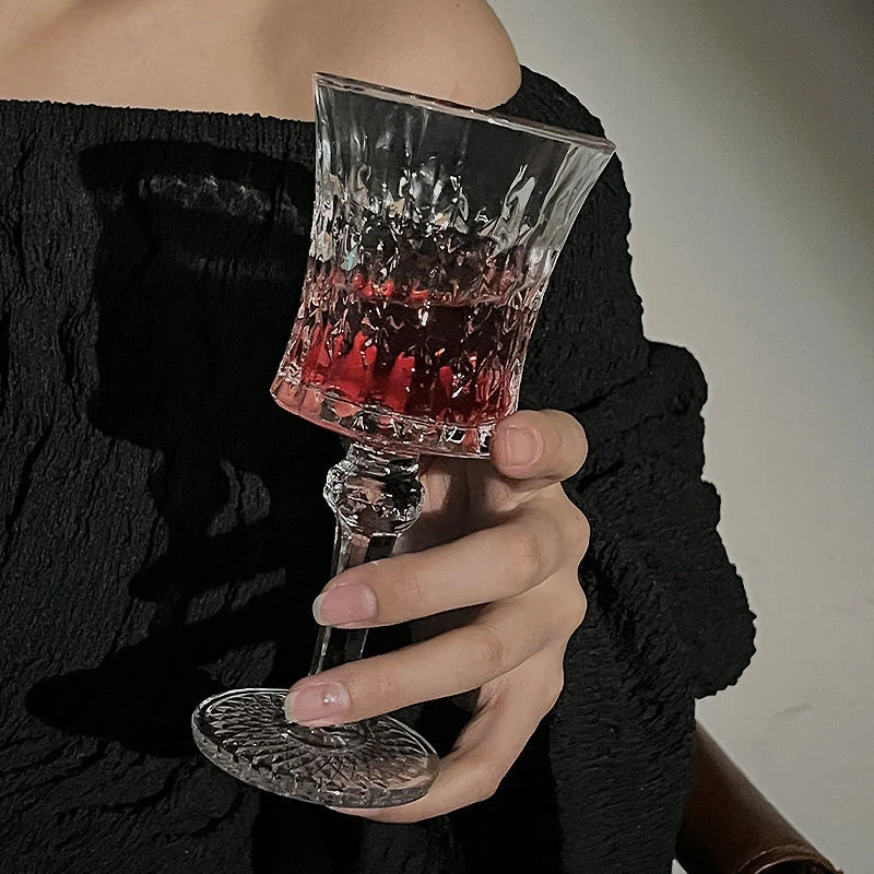 意式浮雕高脚杯复古香槟杯高颜值家用女红酒杯玻璃水杯创意酒杯