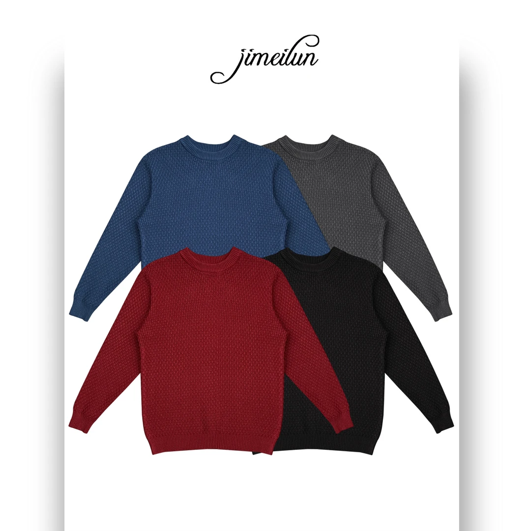 重工肌理感格纹圆领套头毛衣男女同款轻奢针织衫秋冬复古宽松长袖