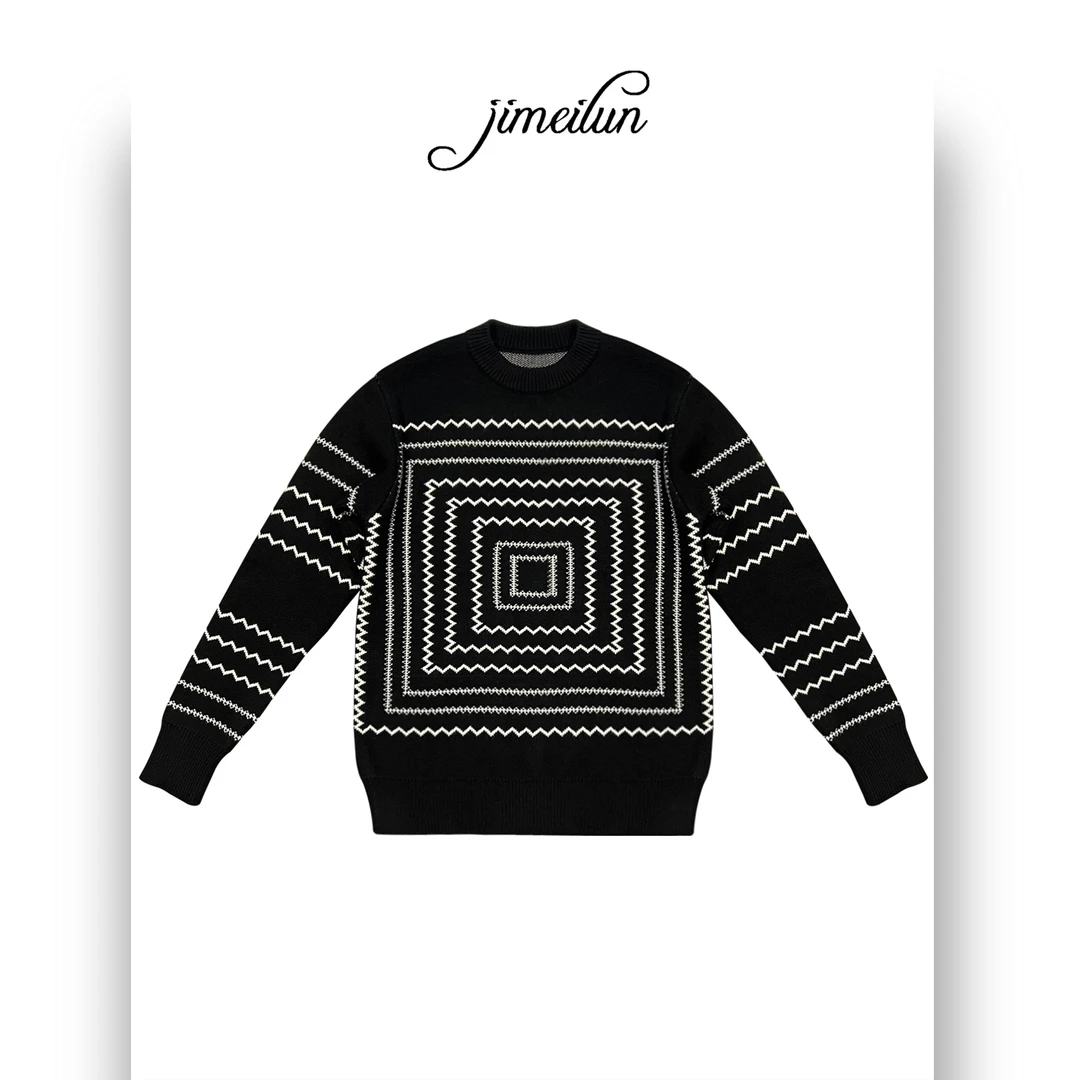 欧货回型提花圆领毛衣秋冬男士加厚抗起球轻奢套头情侣针织衫宽松