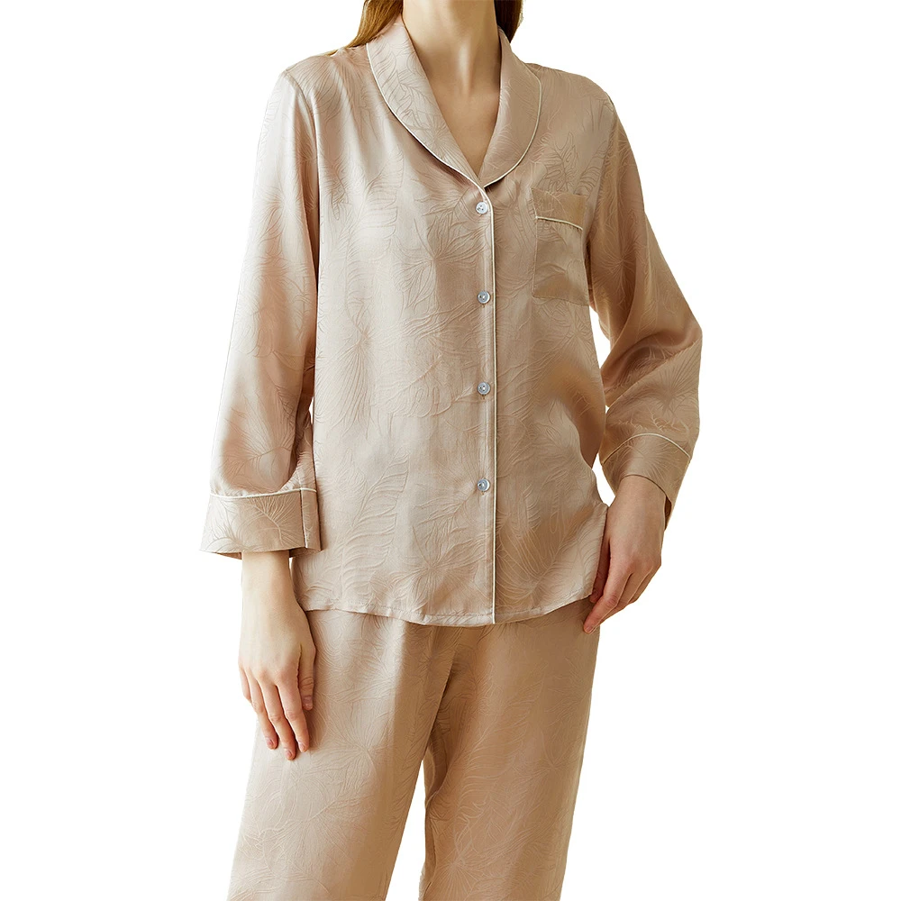 真丝提花缎100%桑蚕丝新中式家居服可外穿衣裤两件套春秋新品睡衣