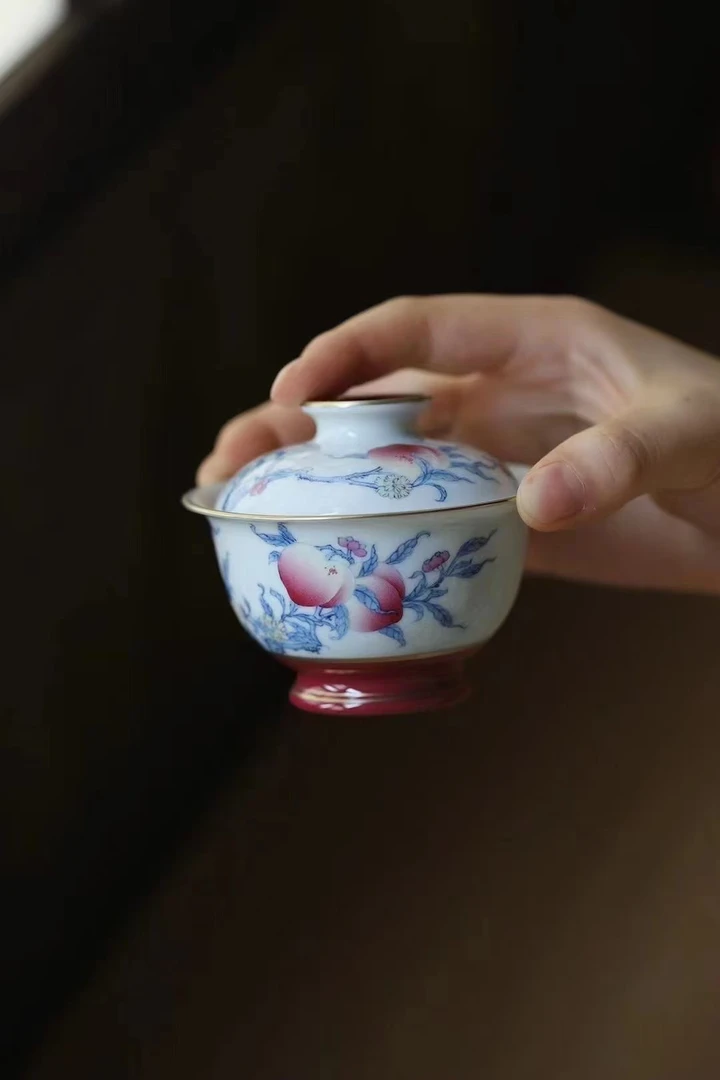 华隐堂玫瑰红九桃盖碗