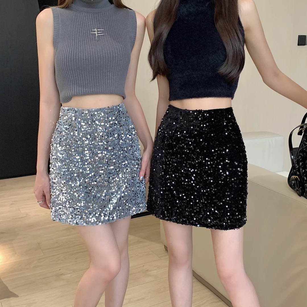 设计感小众银色亮片a字半身裙女春季新款辣妹高腰显瘦包臀短裙子