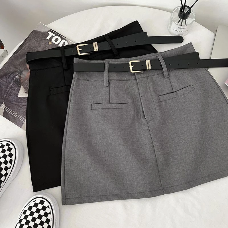 灰色韩版气质西装料半身裙女2025夏季新款防走光高腰显瘦a字短裙