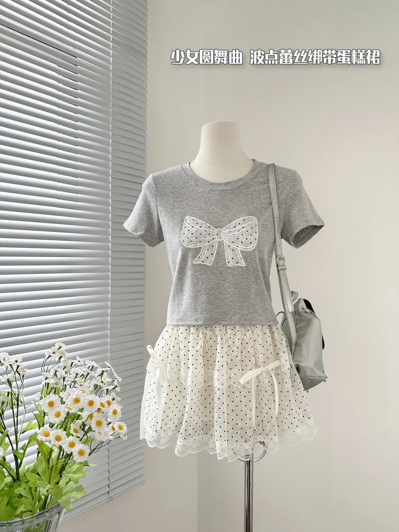 甜美波点蛋糕裙女夏季时尚百搭短裙灰色少女蝴蝶结短袖T恤两件套