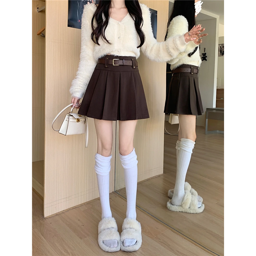 咖色甜辣风高腰显瘦百褶半身裙女春季新款韩系防走光百搭A字短裙