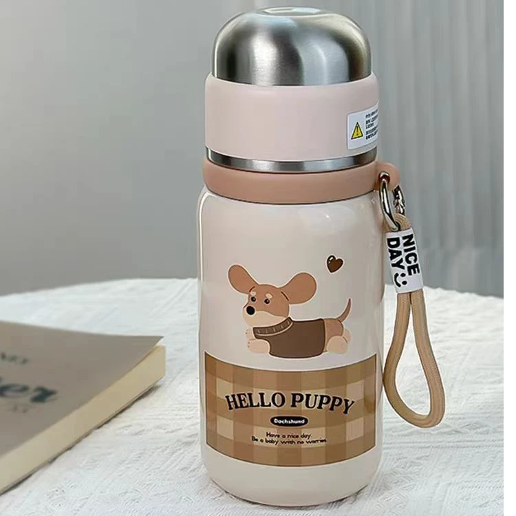 H466 可爱卡通腊肠狗钢盖保温杯携带方咖色500ml