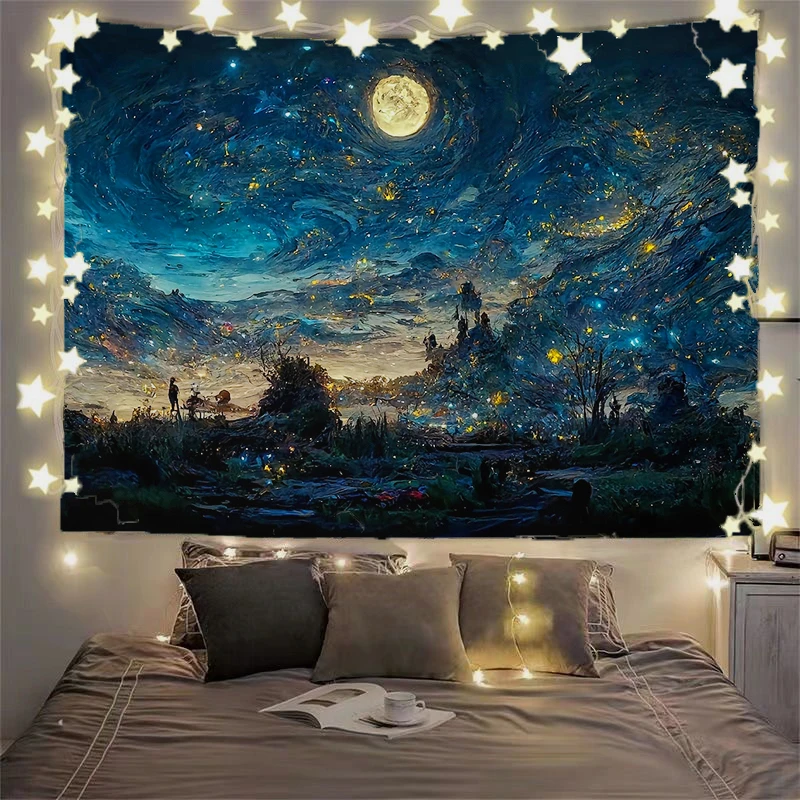 北欧ins背景布梵高油画星空挂布挂毯卧室网红直播学生宿舍装饰墙.