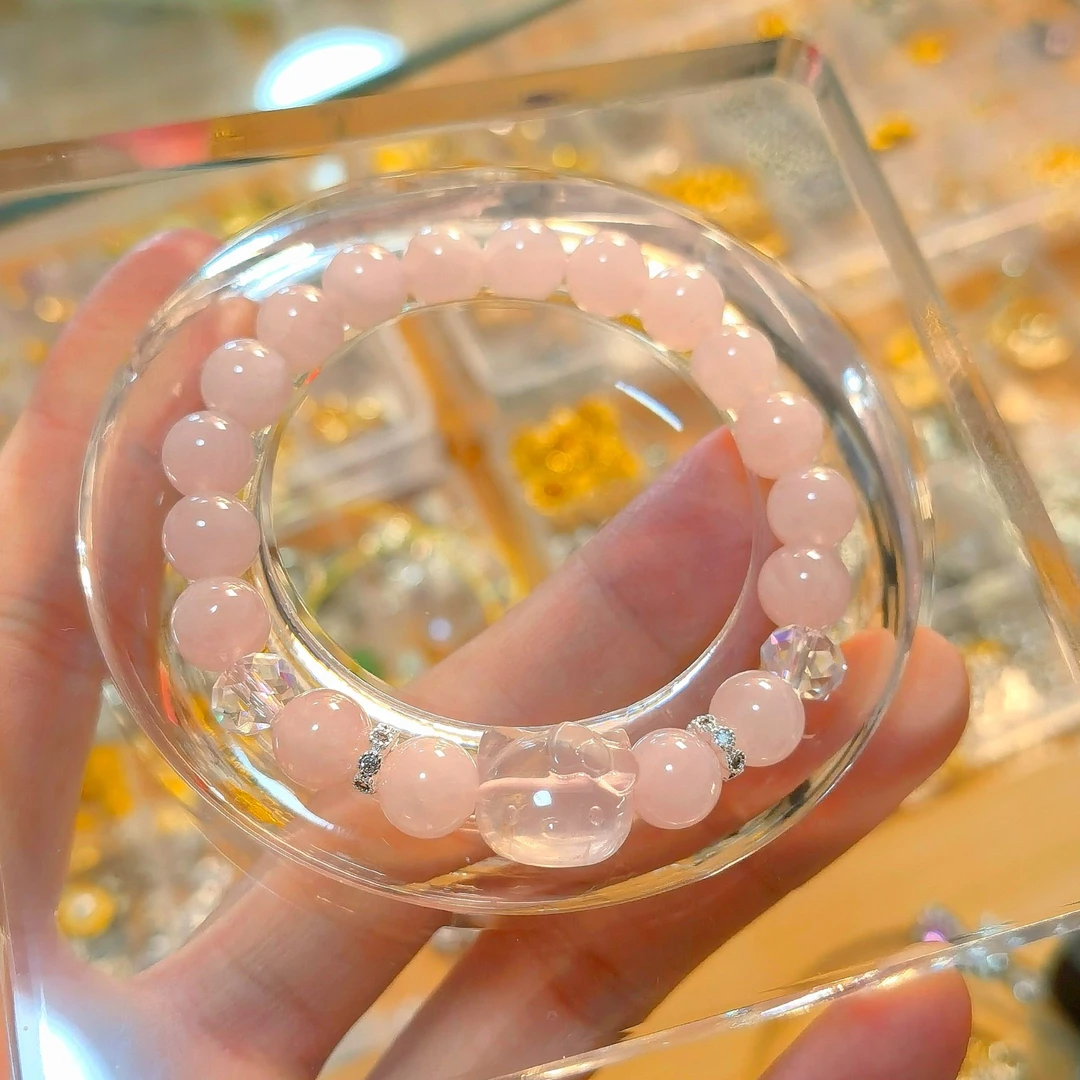 天然 西柚粉水晶 粉水晶kitty 华子配饰 卡8 原创手串