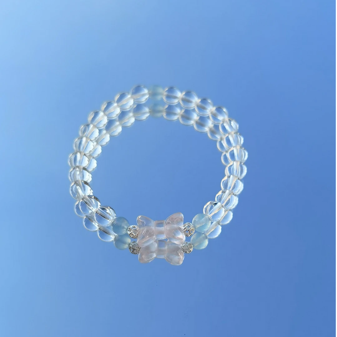天然 收藏级别白水晶 海蓝宝 粉水晶蝴蝶结 卡6原创手串—329