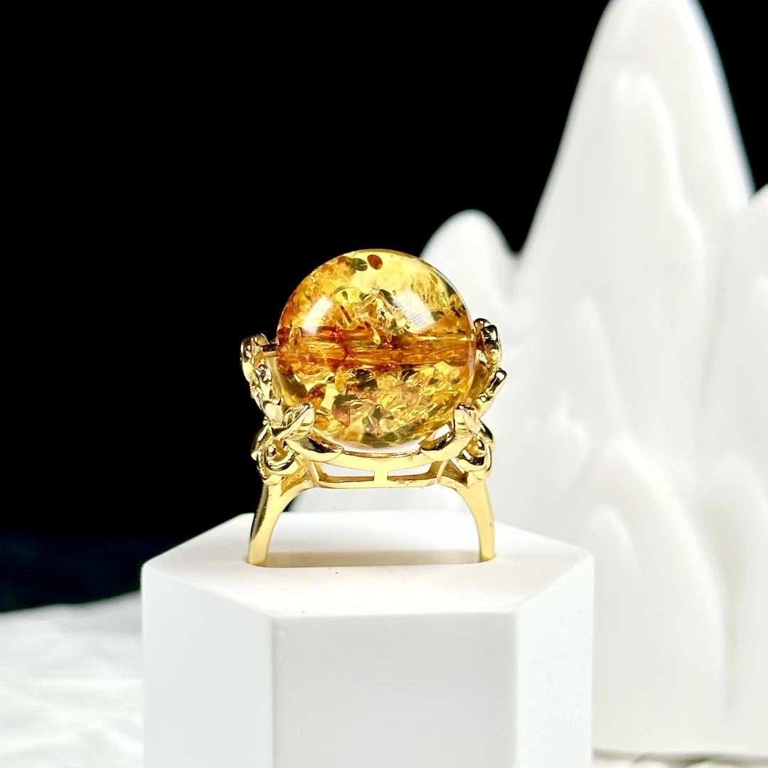 天然俄罗斯花珀转转珠戒指金色时尚灵动女戒