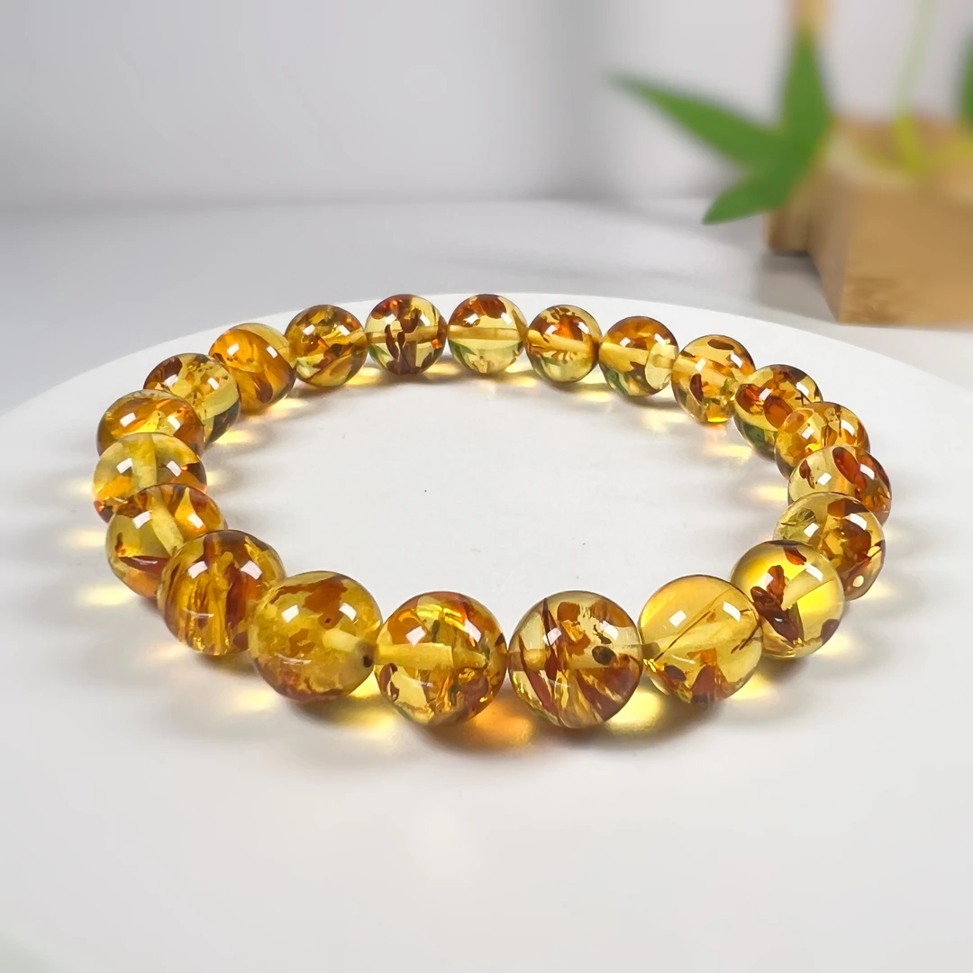 天然俄罗斯花珀9+精品男女手串圆珠素圈单圈黄色情侣