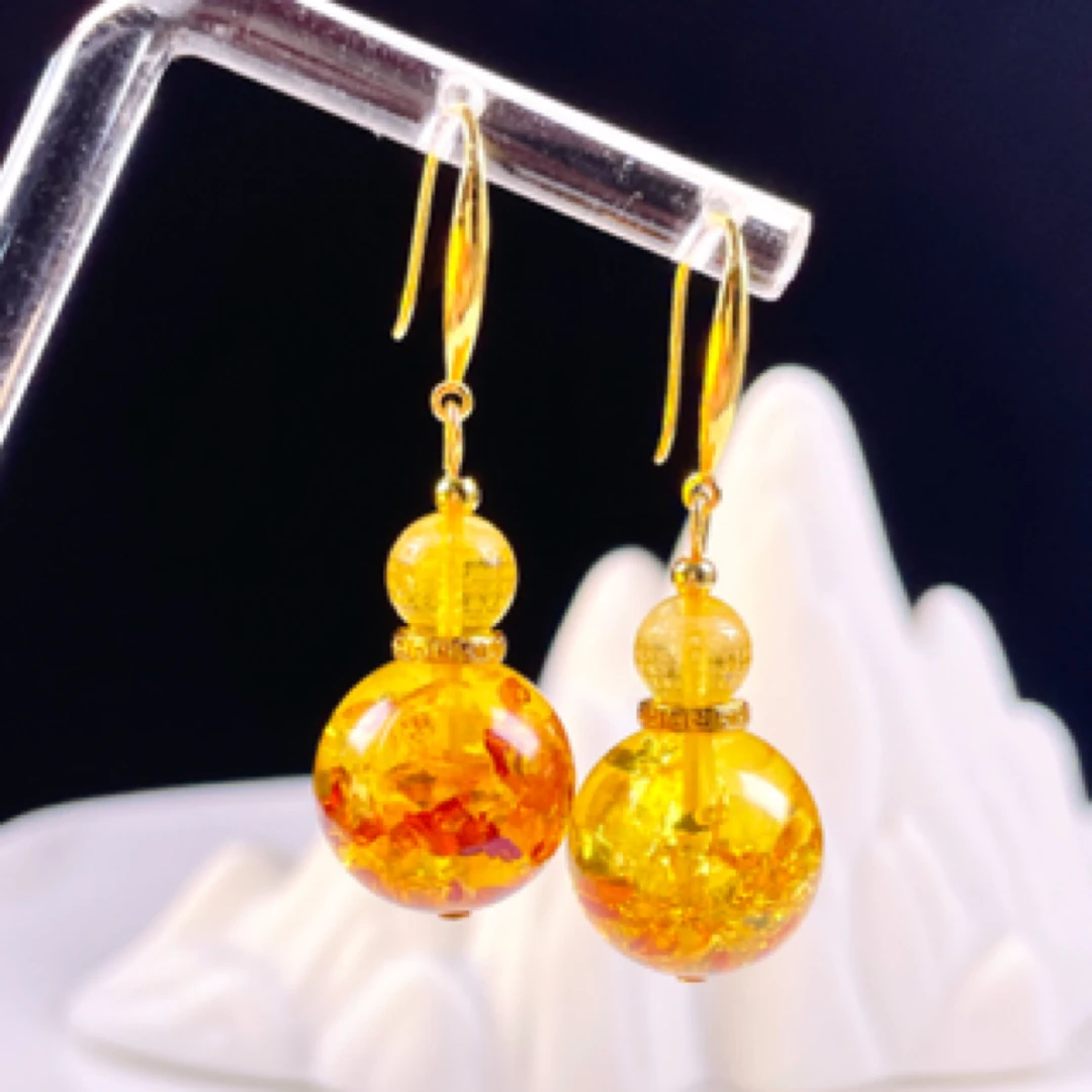 天然俄罗斯花珀14+mm葫芦耳环耳钩百搭时尚轻奢珠宝