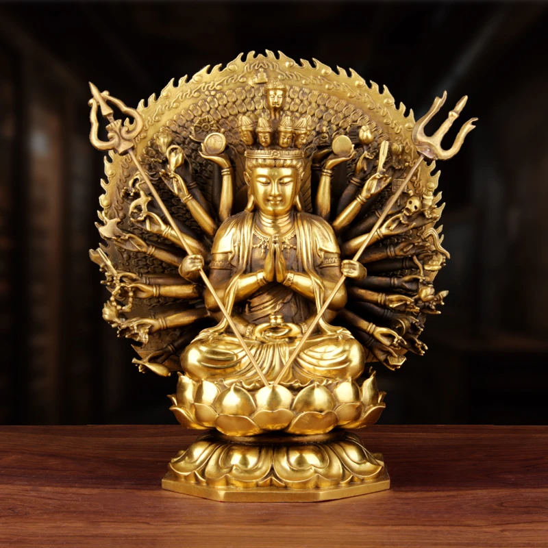 千手观音家用黄铜摆件千手千眼观世音菩萨坐莲佛像铜像客厅装饰品